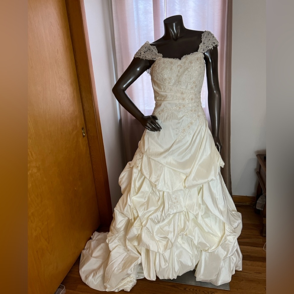 Ivory / Champagne taffeta David’s Bridal style T9251 .